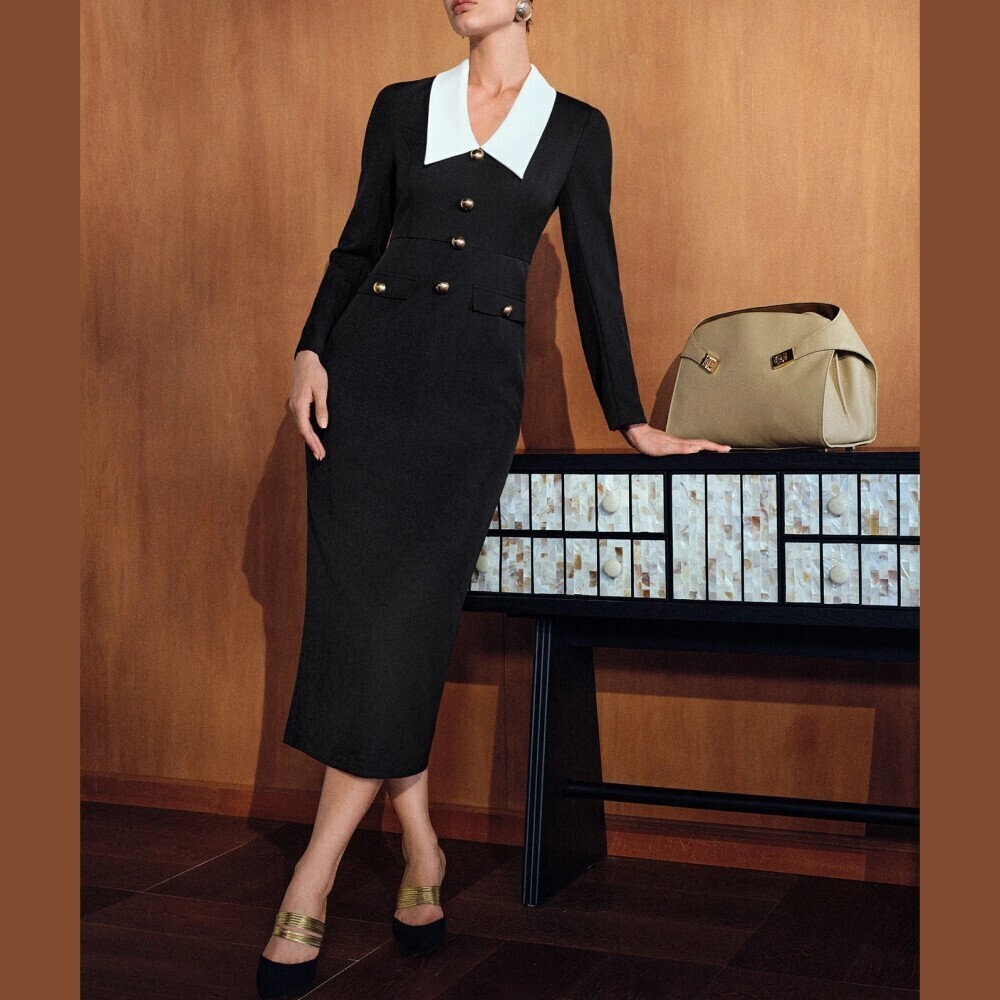 Black Contrast White Collar Button Front Long Sleeve Midi Dress